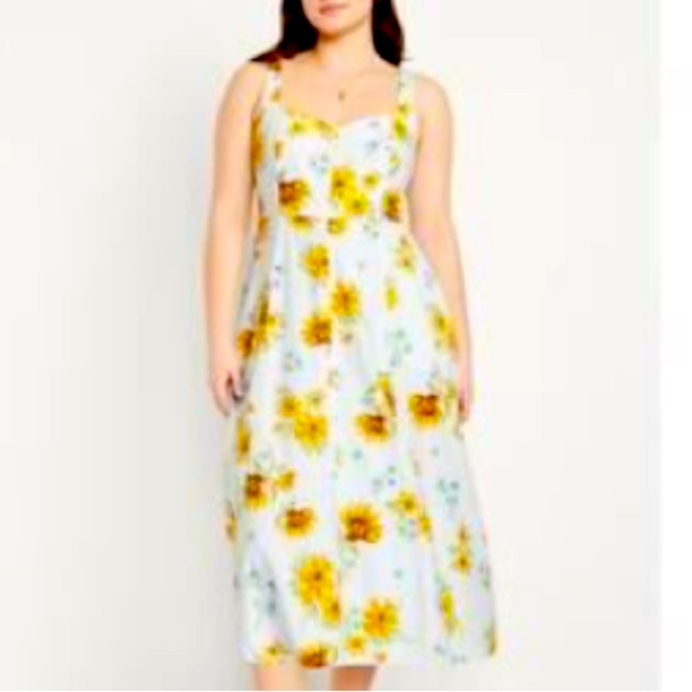 Old Navy Fit & Flare Floral Linen Blend Midi Dress XS Yellow Pockets Sunflowers